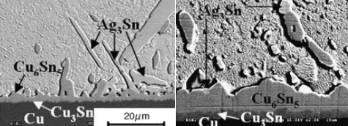 不同老化時間的Cu6Sn5和Ag3Sn結(jié)構(gòu)。左: 24小時；右: 2400小時