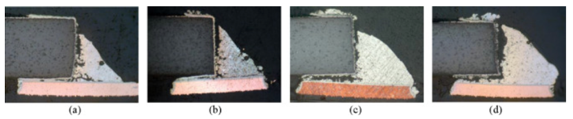 SAC305焊點(diǎn)疲勞失效圖; (a)凹形, (b)直形, (c)微凸形, (d)凸形。